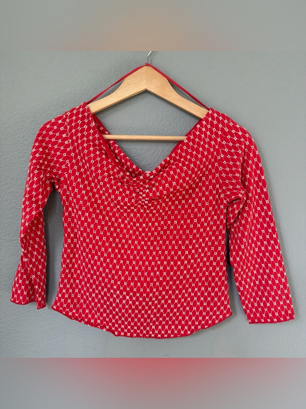 Free People Red Geometric Print 3/4 Sleeve Top